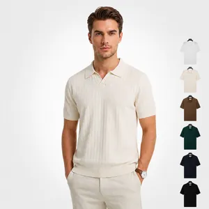 Polo d'Été en Soie de Glace pour Hommes Col Mouette Nervuré Verticalement T-Shirt en Tricot Respirant à Manches Courtes