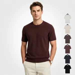 T-shirt en Maille Ice Silk pour Hommes Col Rond Manches Courtes Top Style Old Money Business Casual Couleur Unie Respirant