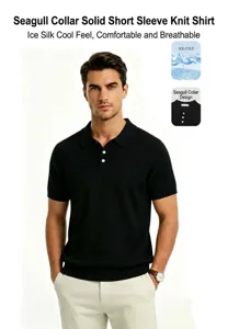 Hochwertiges schwarzes Herren-Strickpoloshirt aus Eisseide mit atmungsaktivem Möwenkragen.