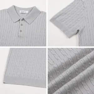 Grey ice silk cable-knit men's Polo shirt with half-button collar details