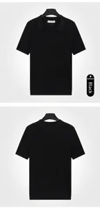 Front and back detail views of a stylish men's black hollow-knit V-neck polo shirt
