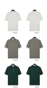 Front and back detail views of men's knitted polo shirts in three classic colors.