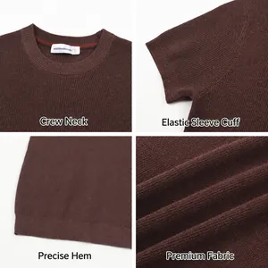 T-shirt en maille marron pour hommes, coupe ajustée, avec poignets et col côtelés