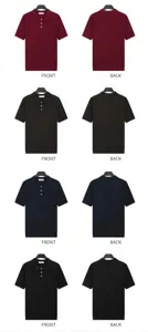 Front and back views of men's knitted polo shirts in four classic business casual colors