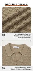 Detailed view of khaki waffle knit polo shirt fabric and stylish seagull collar design