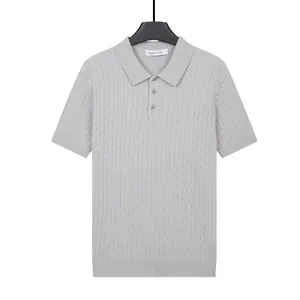 Elegant light grey men's cable-knit ice silk polo shirt with a breathable short-sleeve design