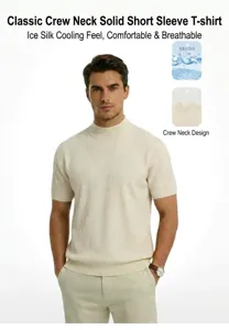 Men's mock neck ribbed knit T-shirt with ice silk cooling fabric detail