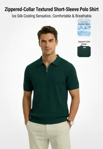 Detailed view of a men's dark green textured polo shirt with a zip neck collar