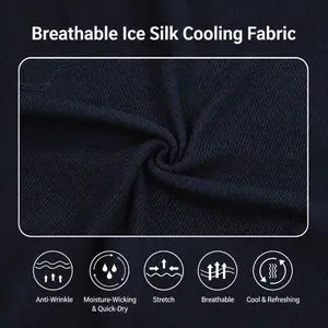 Macro detail showing breathable ice silk cooling fabric texture of navy blue mens polo shirt