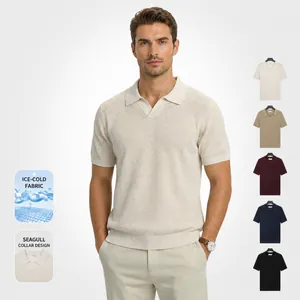 Men Ice Silk Cooling Knit Polo Shirt Seagull V Neck Short Sleeve Top Hollow Out Breathable Pleated Texture Casual Fashion Clothing