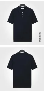 Front and back view of men's knitted navy blue ice silk polo shirt