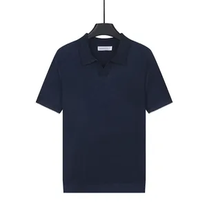 Navy blue men's ice silk knit Polo shirt with breathable short sleeves and stylish V-neck