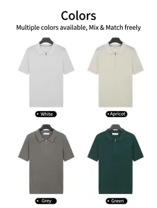 Color display of four men's knit Polo shirts featuring quarter-zip collars and textures