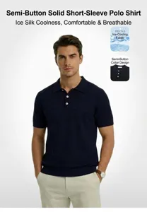 Men's short sleeve knitted polo shirt with button collar in dark blue.