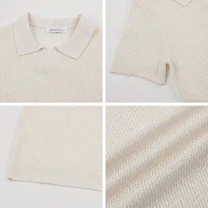 Men's cream hollow-out knit polo shirt with V-neck and short sleeves in detail view