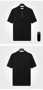 Front and back view of a black men's ice silk knitted Polo shirt for business casual wear.
