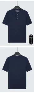 Professionelle Vorder- und Rückansicht eines dunkelblauen Kurzarm-Strick-Poloshirts.
