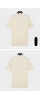 Detail view of men's apricot mock neck short sleeve knit t-shirt with ribbed texture