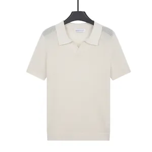 Elegant men's summer V-neck hollow-out knitted polo shirt in breathable cream white