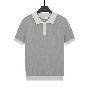 Casual men's waffle knit polo shirt with color-blocked collar and short sleeves
