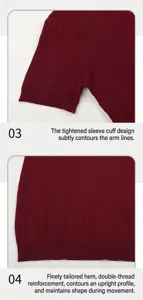 Detail view of burgundy knit polo shirt showing ribbed cuffs and reinforced hemline