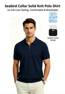 Close-up of navy blue ice silk polo shirt with zipper seagull collar on a model