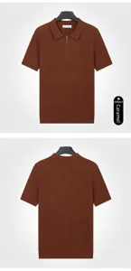 Detailed front and back views of caramel knitted men's polo shirt with zipper collar