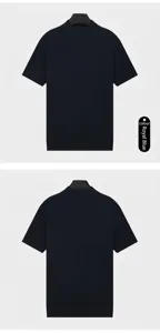 Front and back views of navy blue half-mock neck ribbed knit T-shirt for men