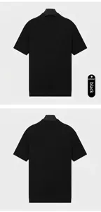 Detail view showing front and back of a black ice silk ribbed knit mock neck T-shirt