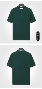 Front and back view of men's dark green vertical stripe knitted ice silk polo shirt