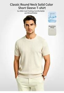 Detailed view of men's vertical stripe knitted cooling ice silk crew neck T-shirt