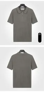 Detailed front and back views of grey ice silk knitted polo shirt with ribbed texture