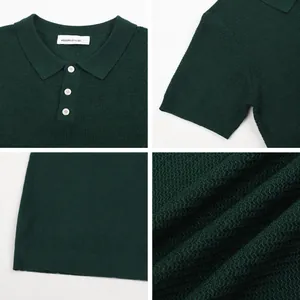 Detailed collage of a dark green men's knitted ice silk polo shirt with premium textures.