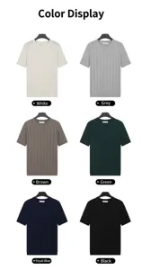 Detailed view of men's vertical striped knit short-sleeve shirts in various colors.