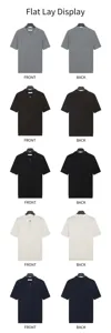 Multiple colors of men's ribbed knit polo shirts with zipper collars displayed on hangers