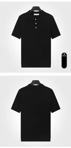 Detailed front and back views of a men's classic black short-sleeved knitted polo shirt