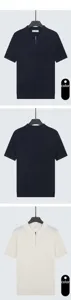 Men's ice silk knit Polo shirt with zipper collar in navy blue and off-white colors