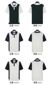 Vistas frontal y posterior de polos de punto color block para hombre en tres colores