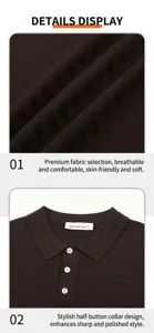 Macro view of brown knitted fabric and semi-button collar detail of men's polo shirt