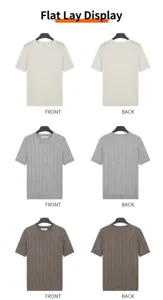 Detail view of men's vertical striped crewneck short sleeve knit shirts in three colors