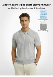 Detailed view of men's ice silk striped knit polo shirt with zipper collar design.