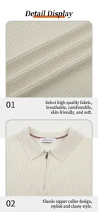 Detail of the ribbed knit texture and zipper collar on a premium men's white polo shirt.