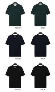 Detailed view of men's vertical striped knit crew neck t-shirts in three colors