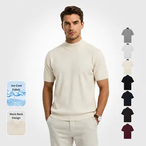 Men Ice Silk Cooling Mock Neck Short Sleeve T-Shirt Breathable Ribbed Knit Slim Fit Casual Urban Top For Summer Daily Office