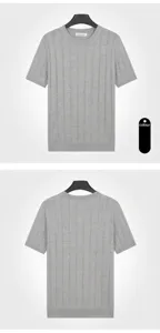 Detailed view of grey short-sleeve knitted t-shirt with vertical stripe pattern