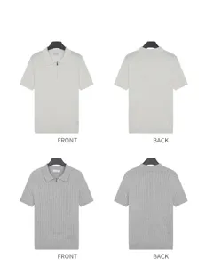 Multi-angle views of men's zip-neck ribbed knit polo shirts in white and grey colors