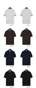 Voor- en achteraanzichten van gebreide poloshirts met korte mouwen in vier kleuren