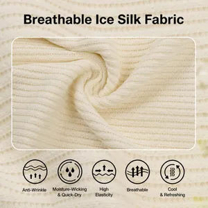 Detailed macro view of beige ribbed ice silk knit fabric featuring breathable cooling texture