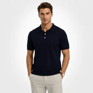 Men's Vintage American Knitted Polo Shirt Solid Color Short Sleeve Cool Viscose Blend Casual High-End Summer T-Shirt Top