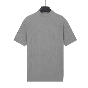 Premium men's ice silk mock neck short sleeve T-shirt featuring a stylish grey ribbed knit